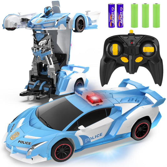FDJ Remote Control Car - Transform Toys Car Robot, One Button Deformation to Robot with Flashing Light, 2.4Ghz 1:18 Scale Transforming Police Car Kids Toys with 360 Degree Rotating, Girls Boys Toys