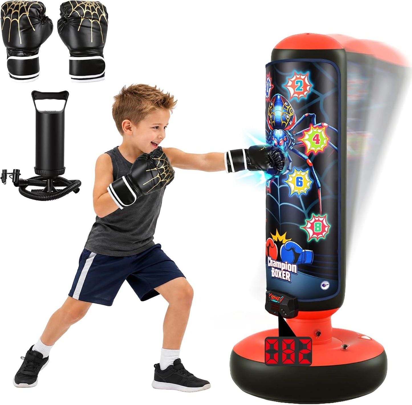 Kids Inflatable Punching Bag with Electronic Score Counter Music Lights 4 Game Modes, Complete Boxing Set with Gloves Air Pump, Indoor Outdoor Martial Arts Toy Gift for Boys Girls 4-12