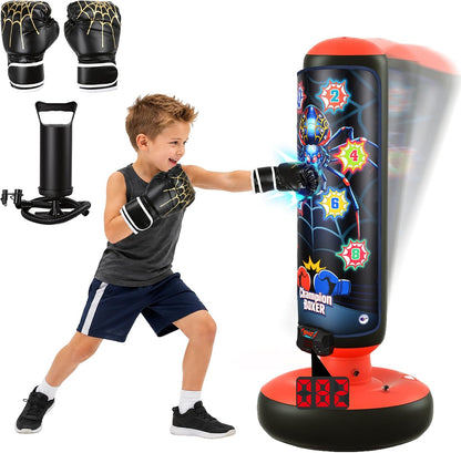 Kids Inflatable Punching Bag with Electronic Score Counter Music Lights 4 Game Modes, Complete Boxing Set with Gloves Air Pump, Indoor Outdoor Martial Arts Toy Gift for Boys Girls 4-12
