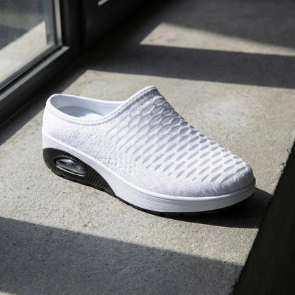 Women's Mesh Stretch Knitted Air Cushion Mule Clogs Fashion Comfortable Closed Round Toe Breathable Slip On Wedge Orthopedic Mules Sneaker for Summer Casual Beach Walking Slippers