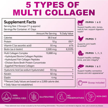 Multi Collagen Peptides Powder | Types I, II, III, V, X | 16 Oz (41 Servings) Hydrolyzed Collagen Peptides | Supports Healthy Skin, Joints, Hair, and Nails | Unflavored & Dissolves Easily