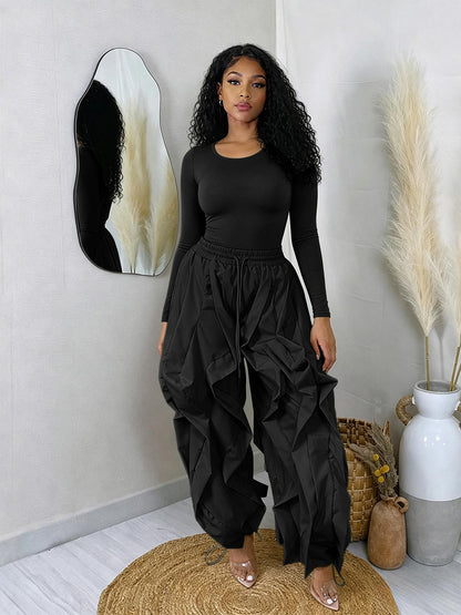 knowfashionstyle Women 2 Piece Outfits Cargo Parachute Pants Set Long Sleeve Top Baggy Y2K Balloon Pant Going Out Night Club