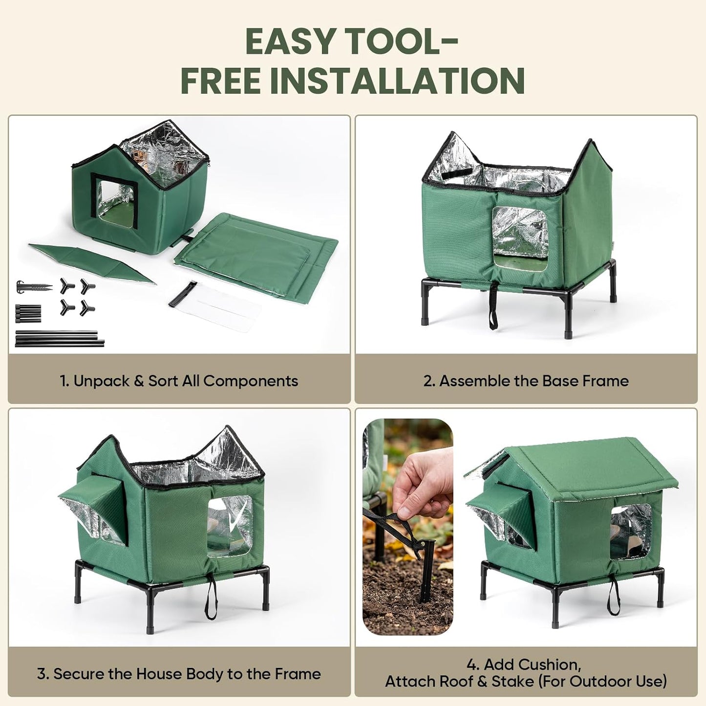 JUNSPOW Outdoor Cat House Weatherproof - All-Season Insulated Cat Shelter for Stray & Feral Cats, Spacious 17.7" L x 15.7" W x 21.6" H Interior, Waterproof & Windproof Design for Yard, Porch, Garage