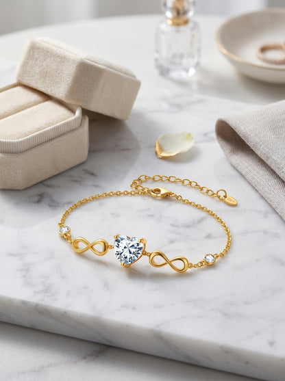 14K Gold Infinity Birthstone Bracelets for Women, Infinity Love Heart Birthstone Link Bracelets for Women, 14K Gold Plated Jewelry Birthday Gifts for Wife Girlfriend Mom, 7+2 Inch