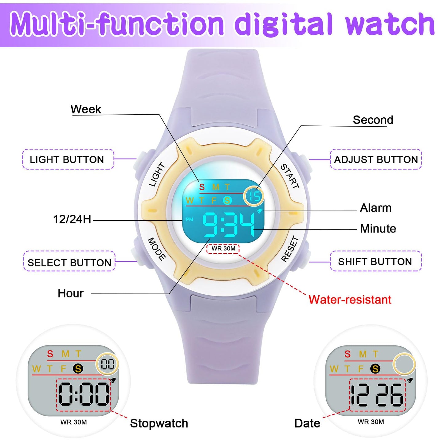 DTKID Digital Kids Watch 30 M Waterproof, 7 Color Lights Time Teaching Watch Easy to Read for Girls Boys 5-16