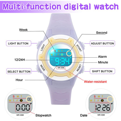 DTKID Digital Kids Watch 30 M Waterproof, 7 Color Lights Time Teaching Watch Easy to Read for Girls Boys 5-16