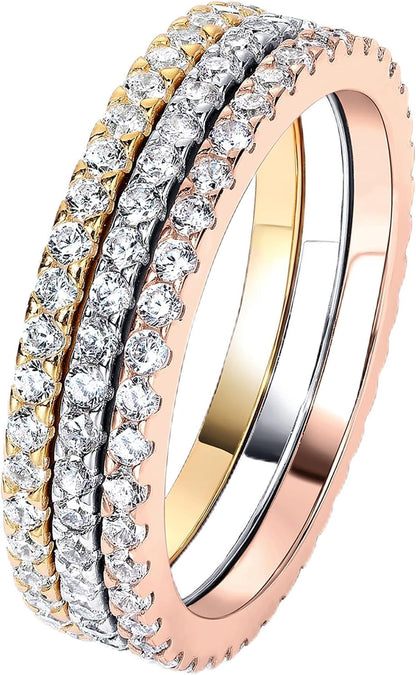 PAVOI Gold Plated Solid 925 Sterling Silver CZ Simulated Diamond Stackable Ring Eternity Bands for Women