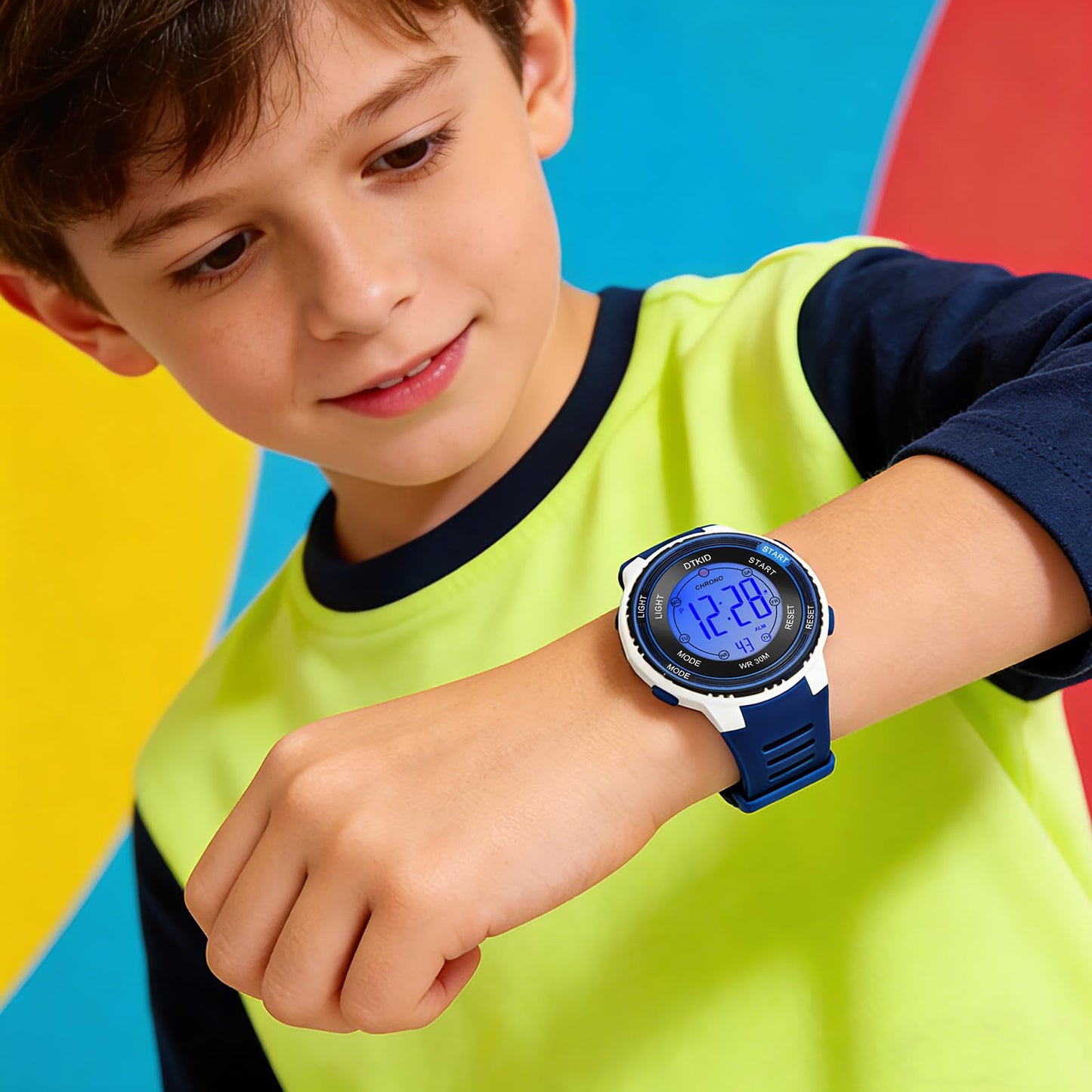 DTKID Digital Kids Watch 30 M Waterproof, 7 Color Lights Time Teaching Watch Easy to Read for Girls Boys 5-16