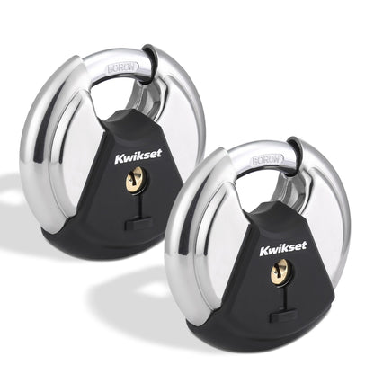 Kwikset Discus Padlock with Boron Carbide Shackle, High Security Outdoor Storage and Gate Lock, 2-3/4 in Body, 1 Pack, Silver