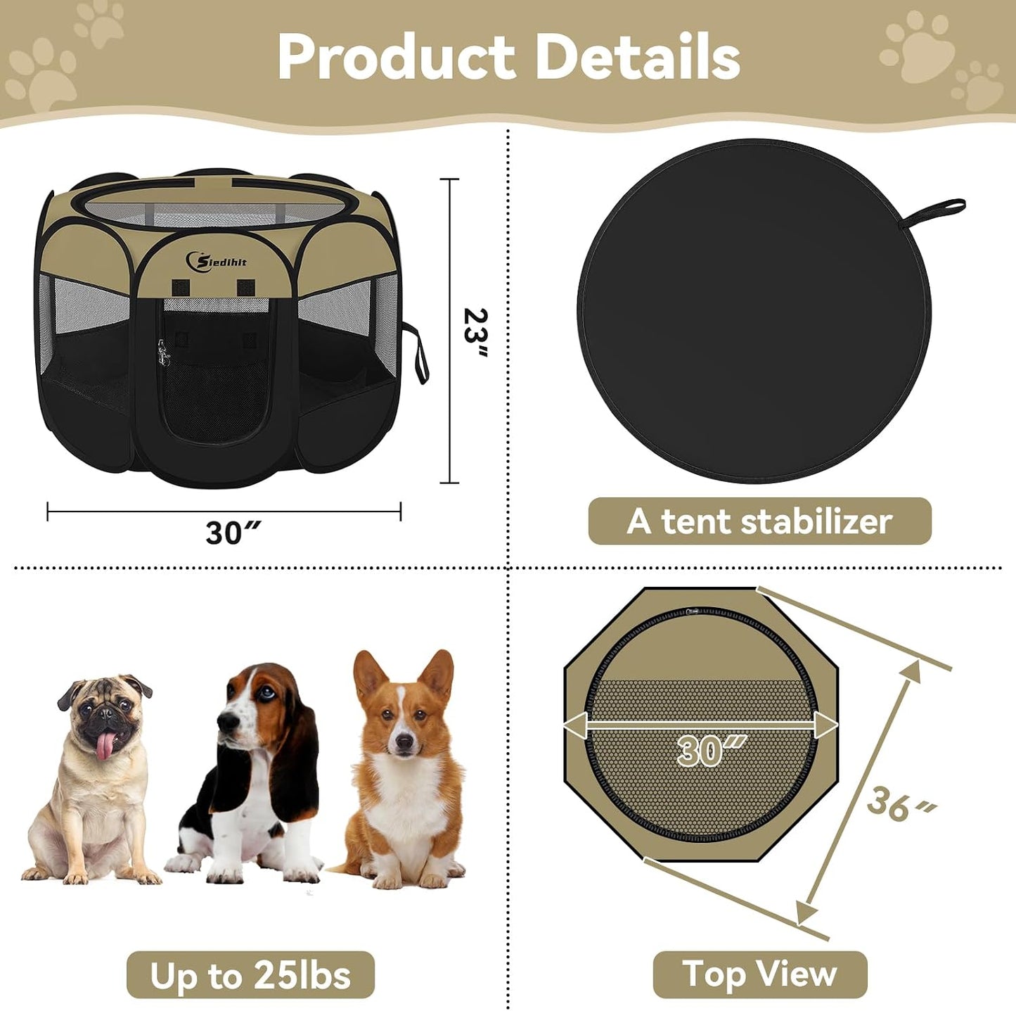 Siedihit Dog Cat Playpen, Puppy Pet Playpen Indoor for Small Dog Crate Tent Cage Outdoor, Portable Pop Up Dogs Enclosure Kennel with Carrying Case for Dogs/Cats/Rabbits(Grey, Small