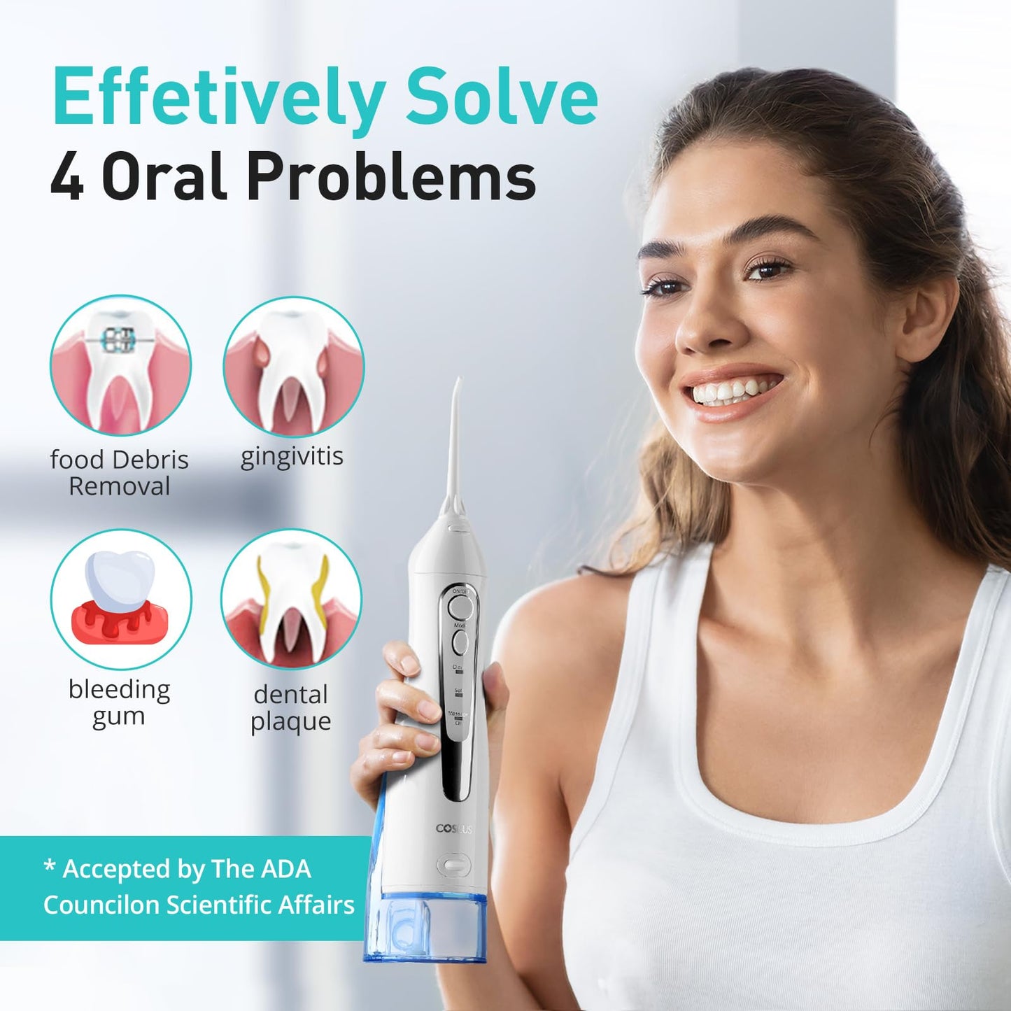 COSLUS ADA Accepted Water Dental Flosser Teeth Pick C20: Portable Cordless Oral Irrigator 300ML Rechargeable Travel Irrigation Cleaner IPX7 Waterproof Electric Flossing Machine, Professional Set Black