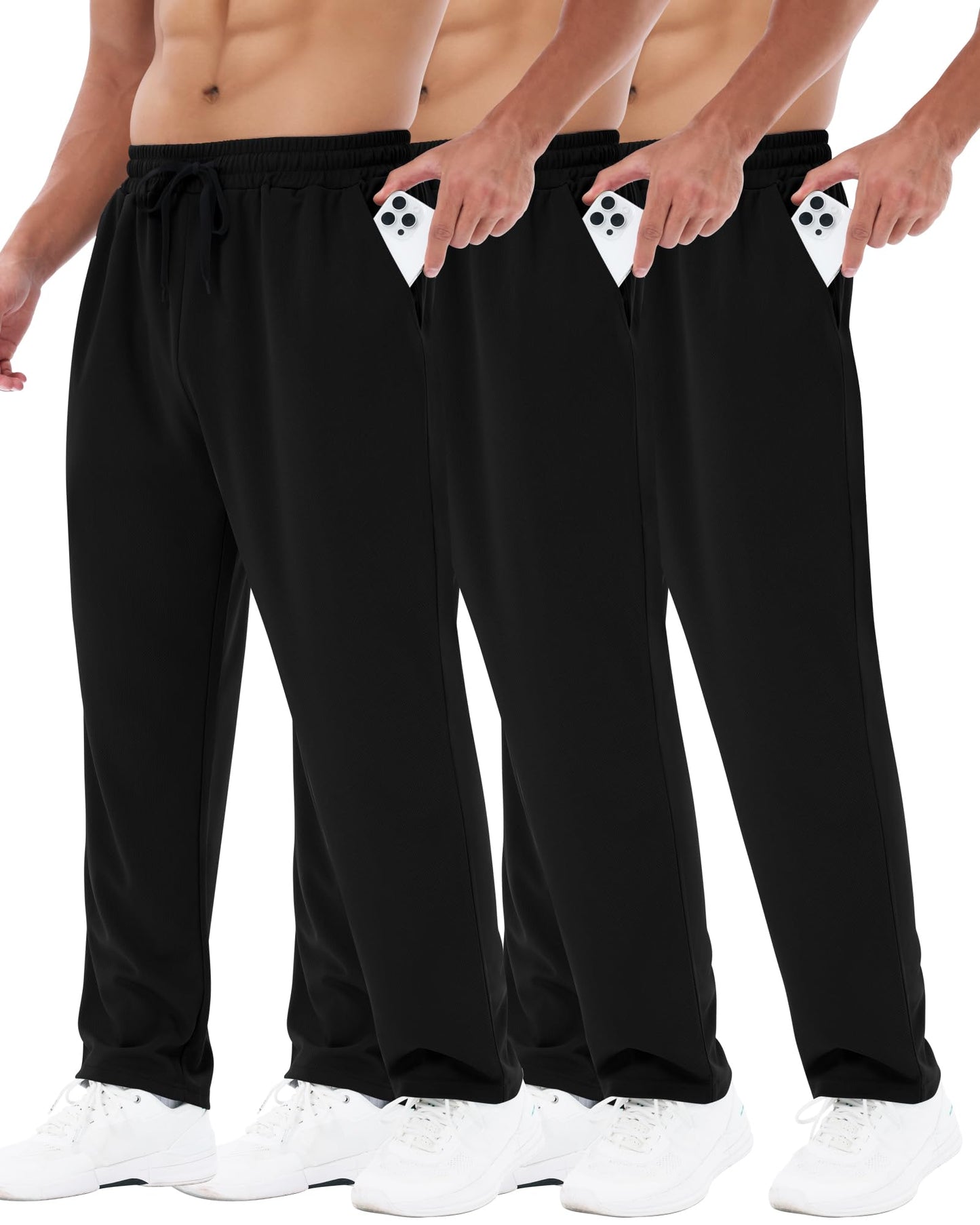 3 Pack Mens Sweatpants with Pockets - Mesh Open Bottom Athletic Joggers for Men Loose Fit Gym Workout Running Casual Pants