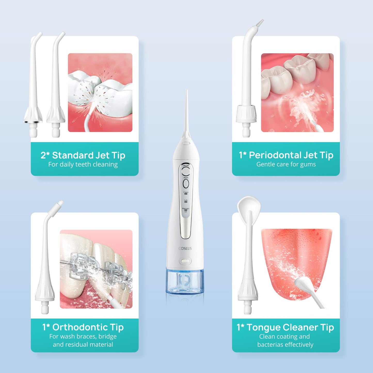 COSLUS ADA Accepted Water Dental Flosser Teeth Pick C20: Portable Cordless Oral Irrigator 300ML Rechargeable Travel Irrigation Cleaner IPX7 Waterproof Electric Flossing Machine, Professional Set Black