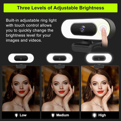 ToLuLu Streaming Webcam 2K 50FPS Web Cam, LED RGB Webcam with Microphone and Light, Autofocus Computer Camera with Cover and Tripod, Plug-Play USB Web cam for PC Desktop/MacBook Gaming Video Calling