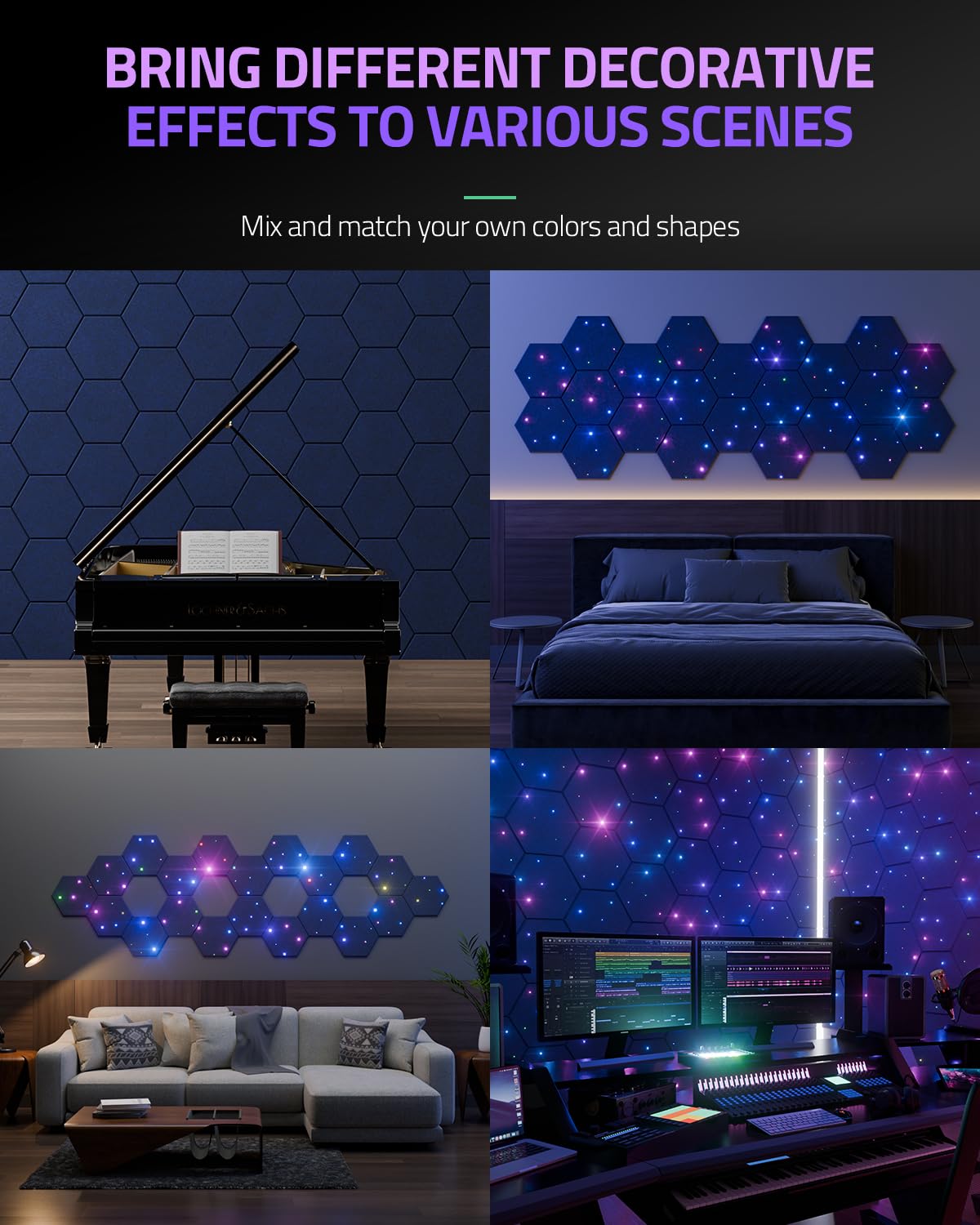 ZenSonic 12 Pack Self-adhesive Sound Proof Foam Panels for Walls 12" X 10" X 0.4" - Hexagon Acoustic Panels with Fiber Optic Starlight, Stylish Soundproof Wall Panels Absorb Noise and Wall Decor Black