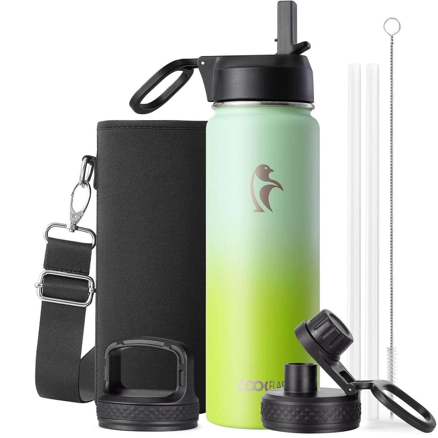 Half Gallon Water Bottle Insulated with Straw & 3 Lids, Coolflask 64 oz Water Jug Large Metal Stainless Steel Wide Mouth for Sports, Gym or Office, Non-BPA Keep Cold 48H Hot 24H, Samurai Cyan