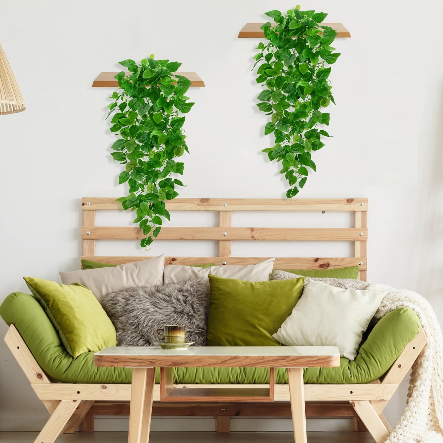 BLEUM CADE Fake Hanging Plants, 2pcs Artificial Pothos Vines Faux Plants Greenery for Wall Home Living Room Office Indoor Outdoor Decor (No Baskets)
