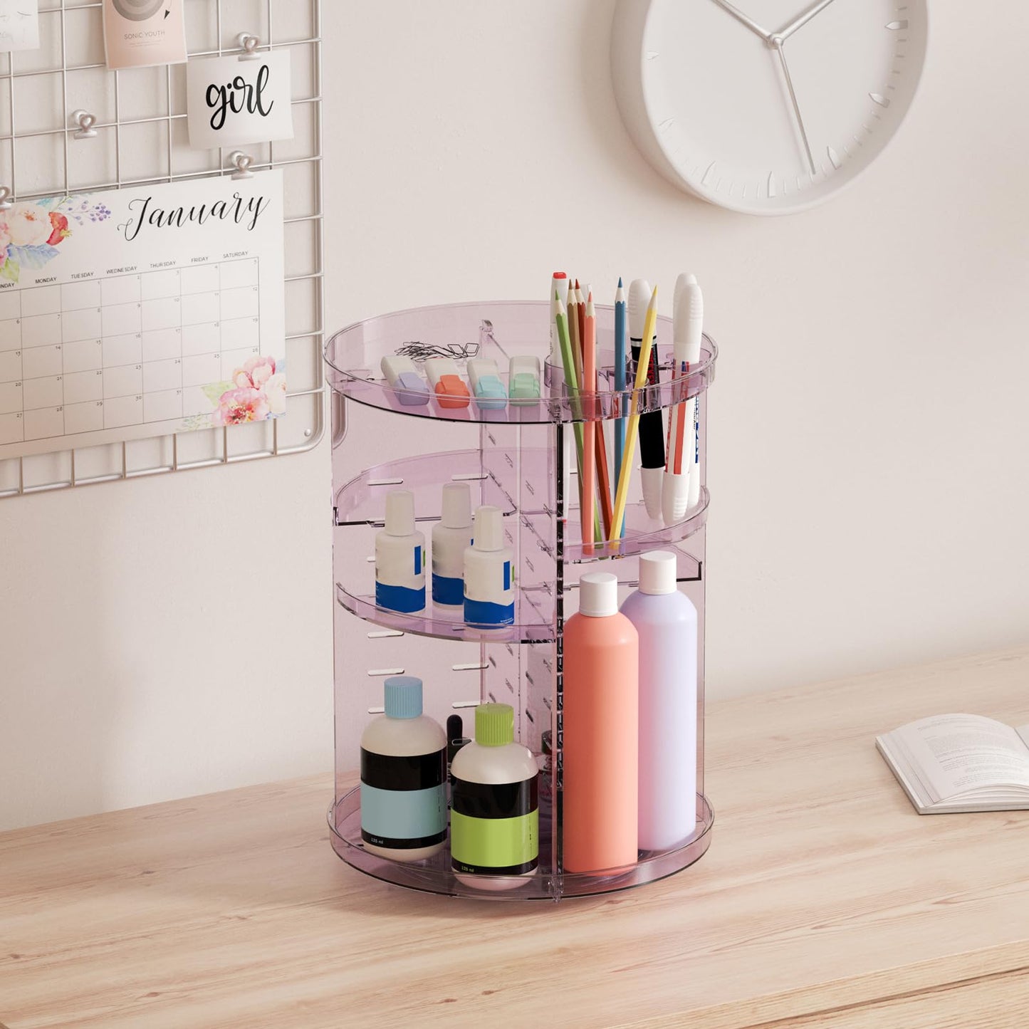 Rotating Makeup Organizer, DIY 8 Adjustable Layers Spinning Skincare Storage, Cosmetic Display Case with Brush Holder and Perfume Tray, Multi-Function Vanity Bathroom Countertop Organizer Black