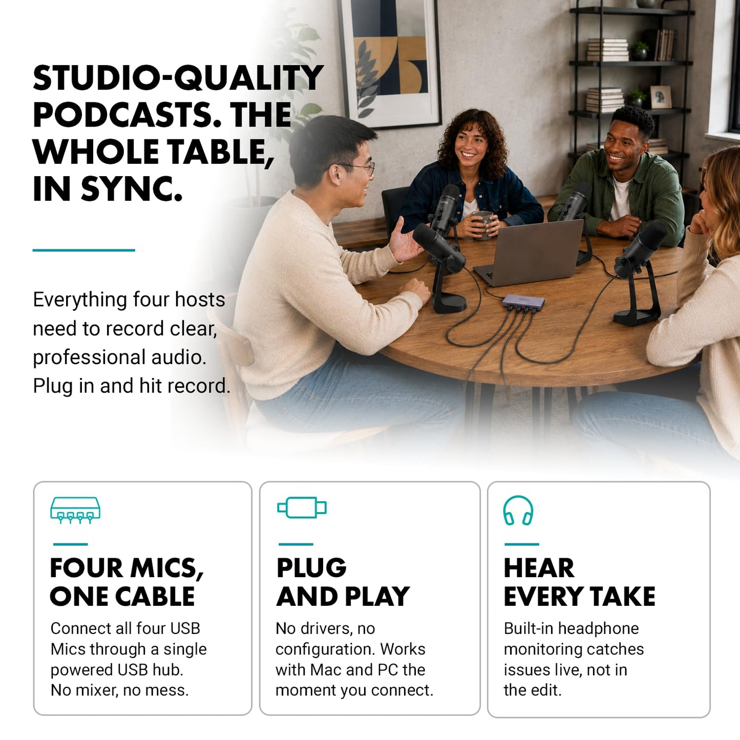 Movo USB Podcast Equipment Bundle for 4 – USB Interface with 4 UM700 Condenser Microphones – 4-Port Powered Hub for Streaming, Podcasting, Interviews (White)
