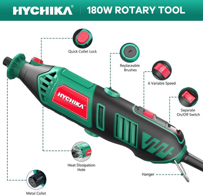 HYCHIKA 8000-35000 RPM Variable Speed Rotary Tool Kit with 179 Pcs Accessories, 180W Power Rotary Tool with Grinding Chain Bracket Flex Shaft for Wood Carving, Grinding, Cutting, Sanding, Polishing