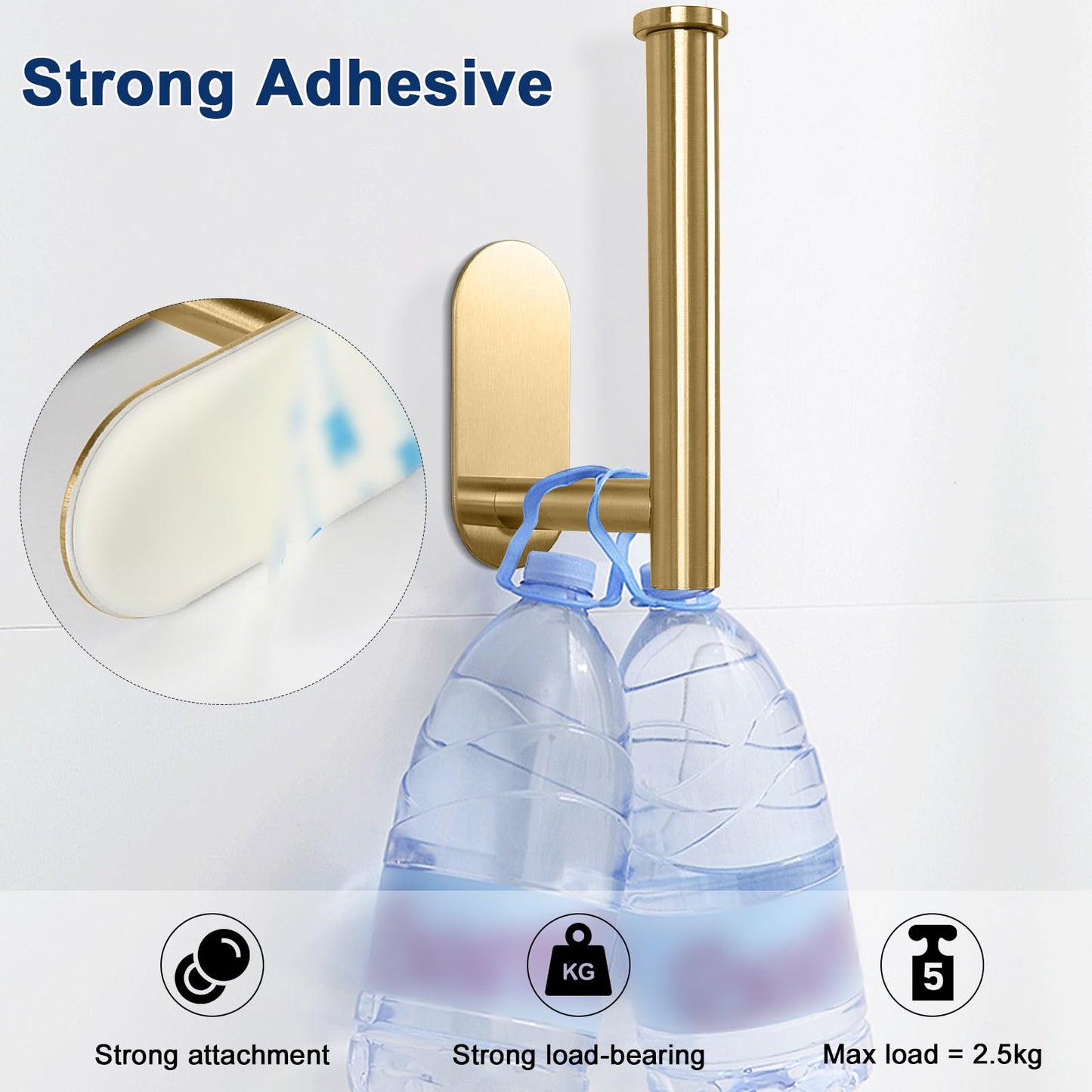 NearMoon Toilet Paper Holder Self Adhesive, Premium Thicken SUS304 Stainless Steel Rustproof Adhesive Toilet Roll Holder no Drilling for Bathroom, Kitchen, Washroom (1 Pack, Brushed Gold)