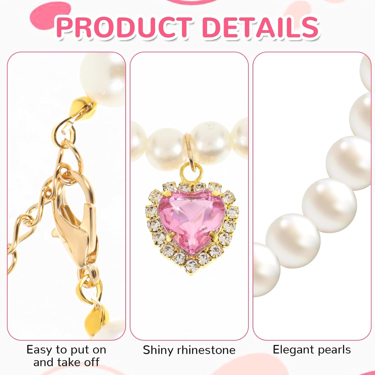 Tyqour 2pcs Cute Girl Cat Collar, Pearl Cat Dog Collar with Small Heart Shape Rhinestone for Small Dogs and Cats Adjustable Fancy Dog Pearl Necklace Collars, Pink Heart + White Heart