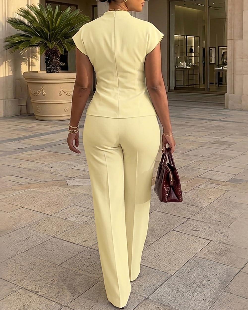 CHICME Women 2 Piece Outfits Twist Front Zipper Top and Elastic Waist Straight Leg Pants Set Casual Matching Set