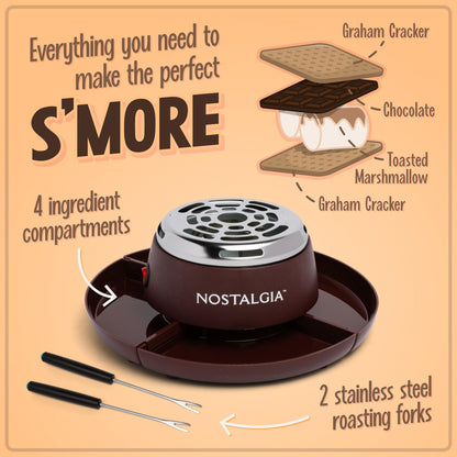 Nostalgia Tabletop Indoor Electric S'mores Maker - Smores Kit With Marshmallow Roasting Sticks and 4 Trays for Graham Crackers, Chocolate, and Marshmallows - Movie Night Supplies - Brown