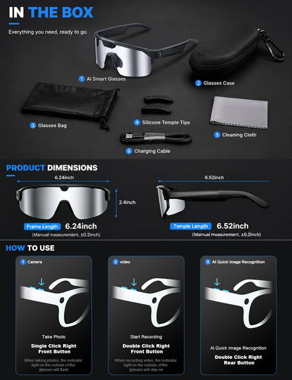 AI Smart Glasses with 30MP Camera, 4K HD Video Recording and Bluetooth Sport Glasses with ChatGPT Voice Real-Time Translation,IP66 UV400 Sunglasses for Baseball, Cycling & Hiking Black