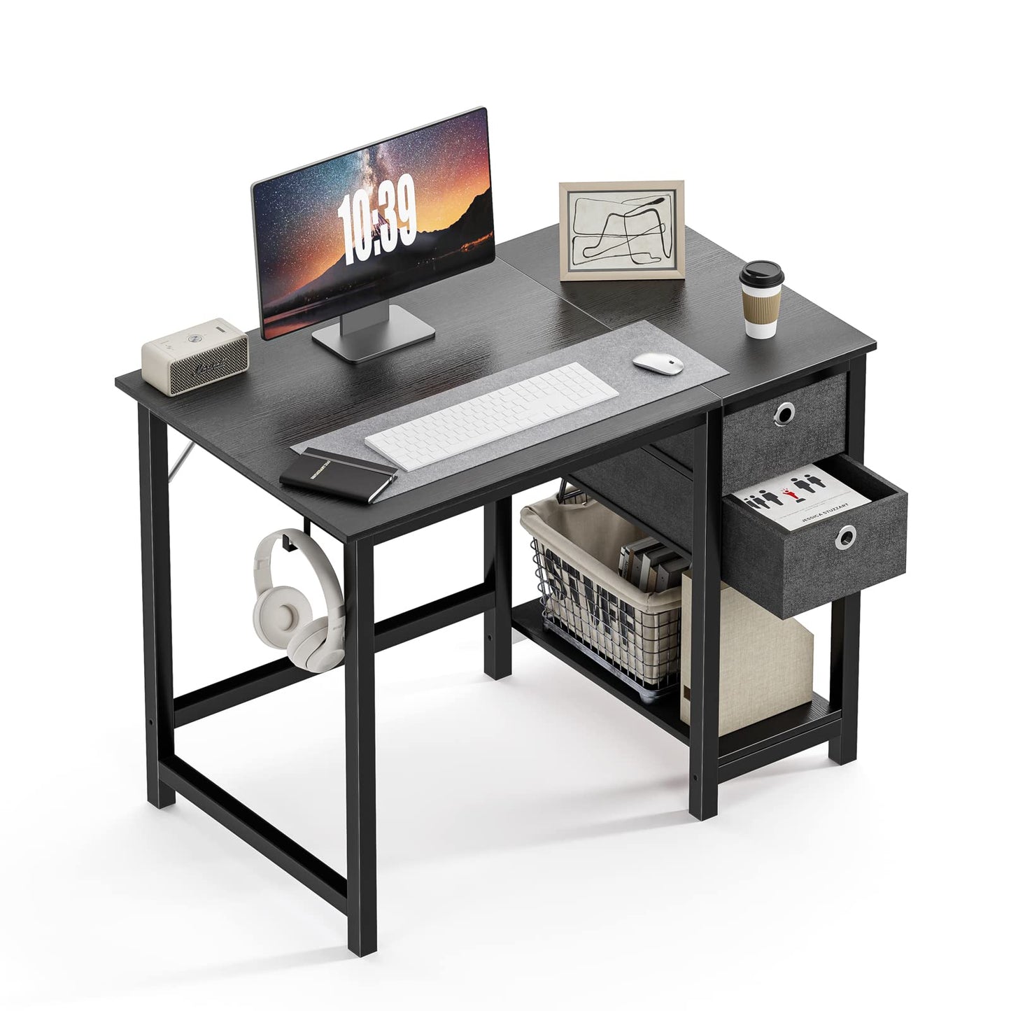 Sweetcrispy 47 Inch Computer Desk with Drawers for Home Office Writing Desk X Shaped Reinforcement Wood Surface Adjustable Position Modern Study Work Side Hook Metal Frame Storage Station Rust