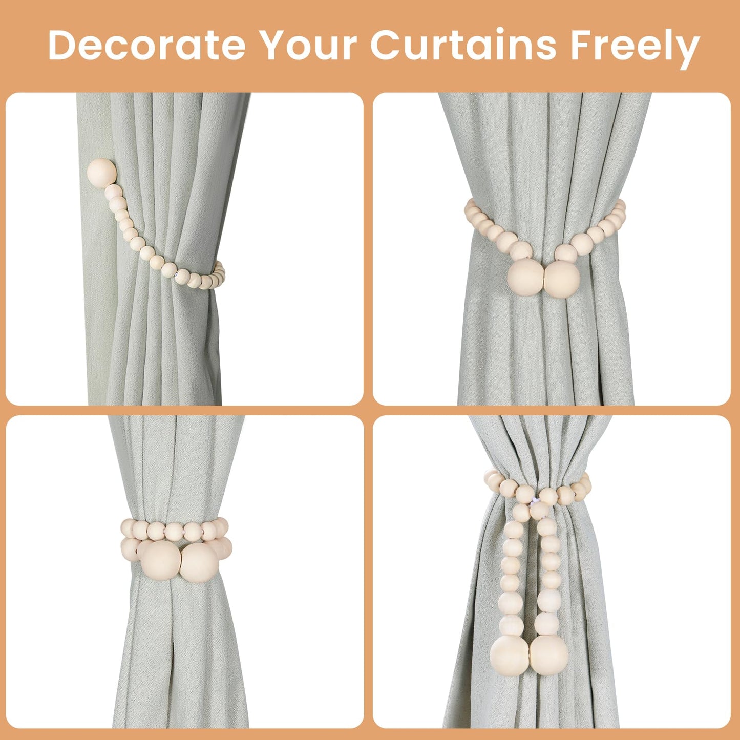 KLOGTSIND Magnetic Curtain Tiebacks, Curtain Holdbacks for Curtains 2 Pack, Wood Bead Curtain Holders for Boho Bedroom Decor, Baby Nursery Decor, Farmhouse Decor