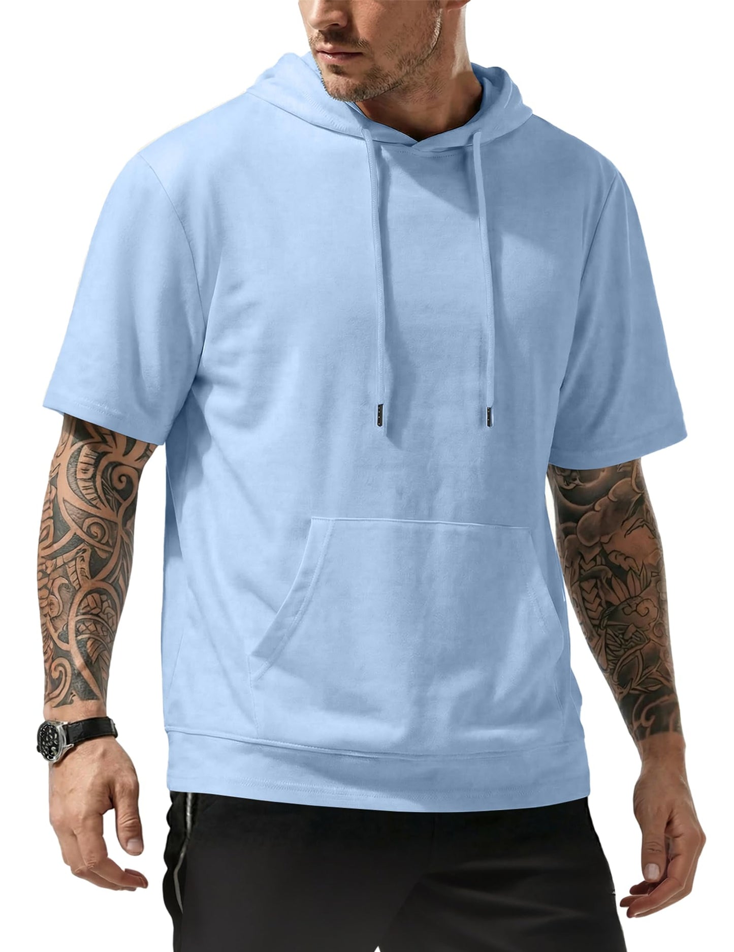 JMIERR Mens Short Sleeve Hoodie Cotton Hooded T-shirts Lightweight Solid Tops with Pocket