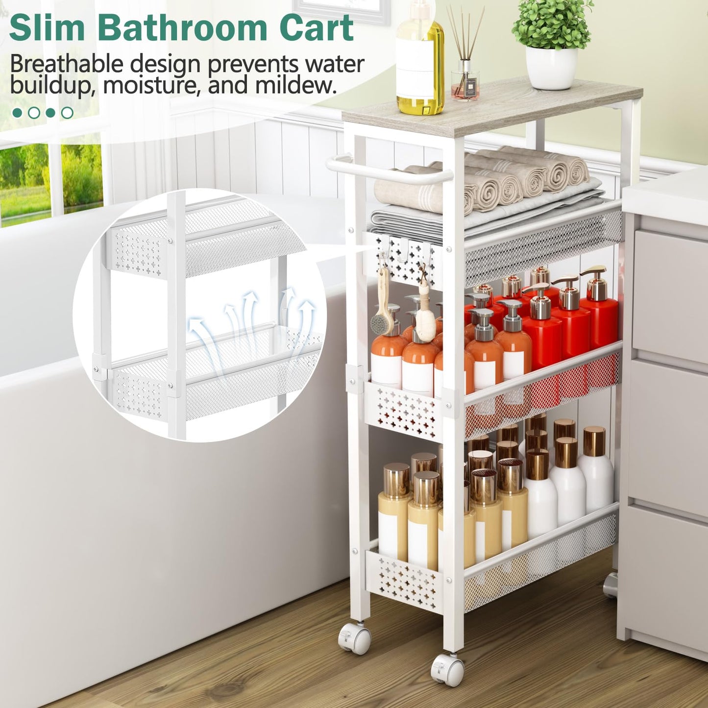 Vivihomety Utility Slim Storage Cart with Wheels, 4 Tier Small Rolling Cart with Wood Top, Metal Kitchen Bathroom Laundry Room Organization Trolley with Handle for Narrow Space – Black