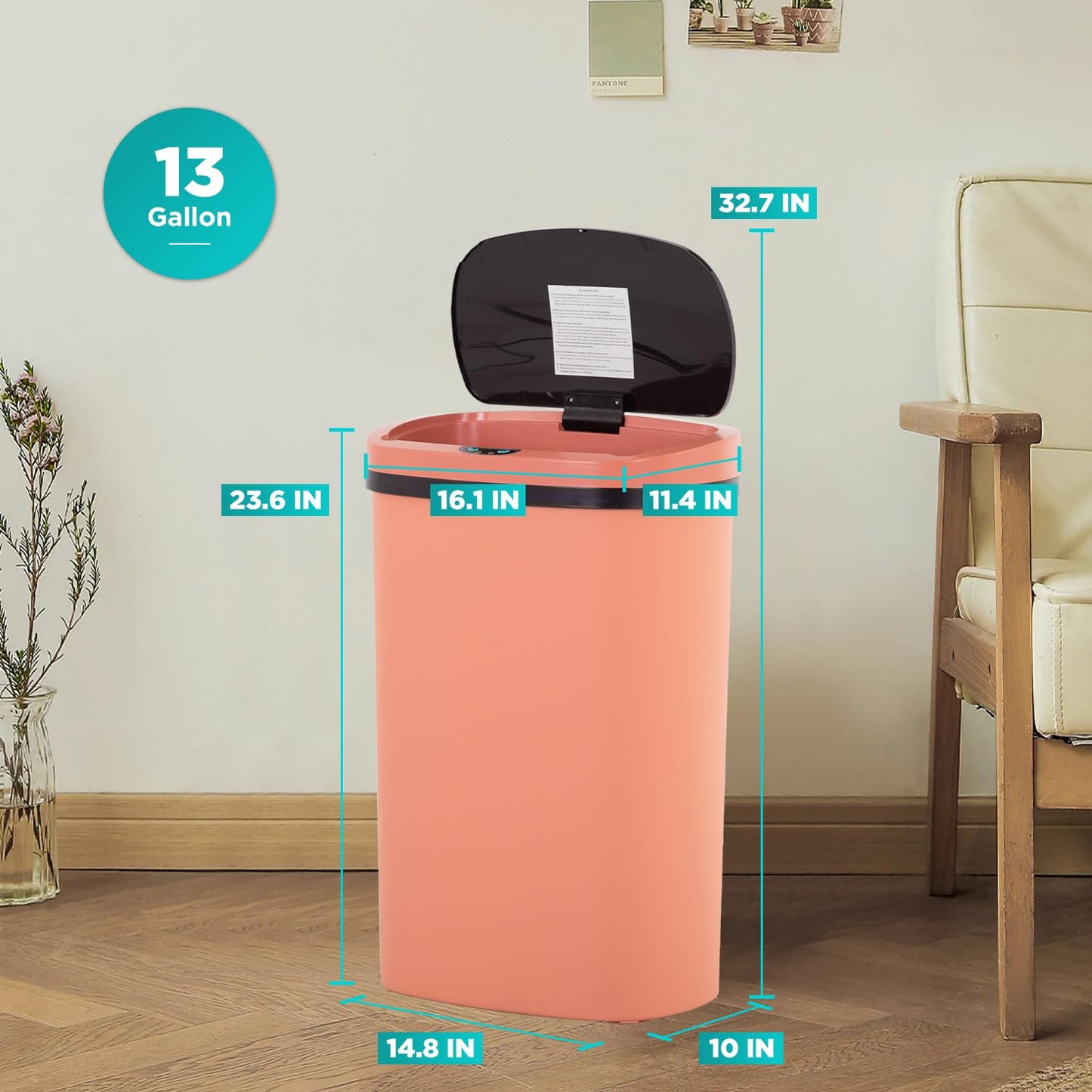 BestOffice | 13 Gallon Trash Can with Lid | Automatic Touchless Garbage Can | Odor Control | Modern Oval Design | Easy to Clean | Stainless Steel | Fits Any Kitchen, Bathroom, Office or Home