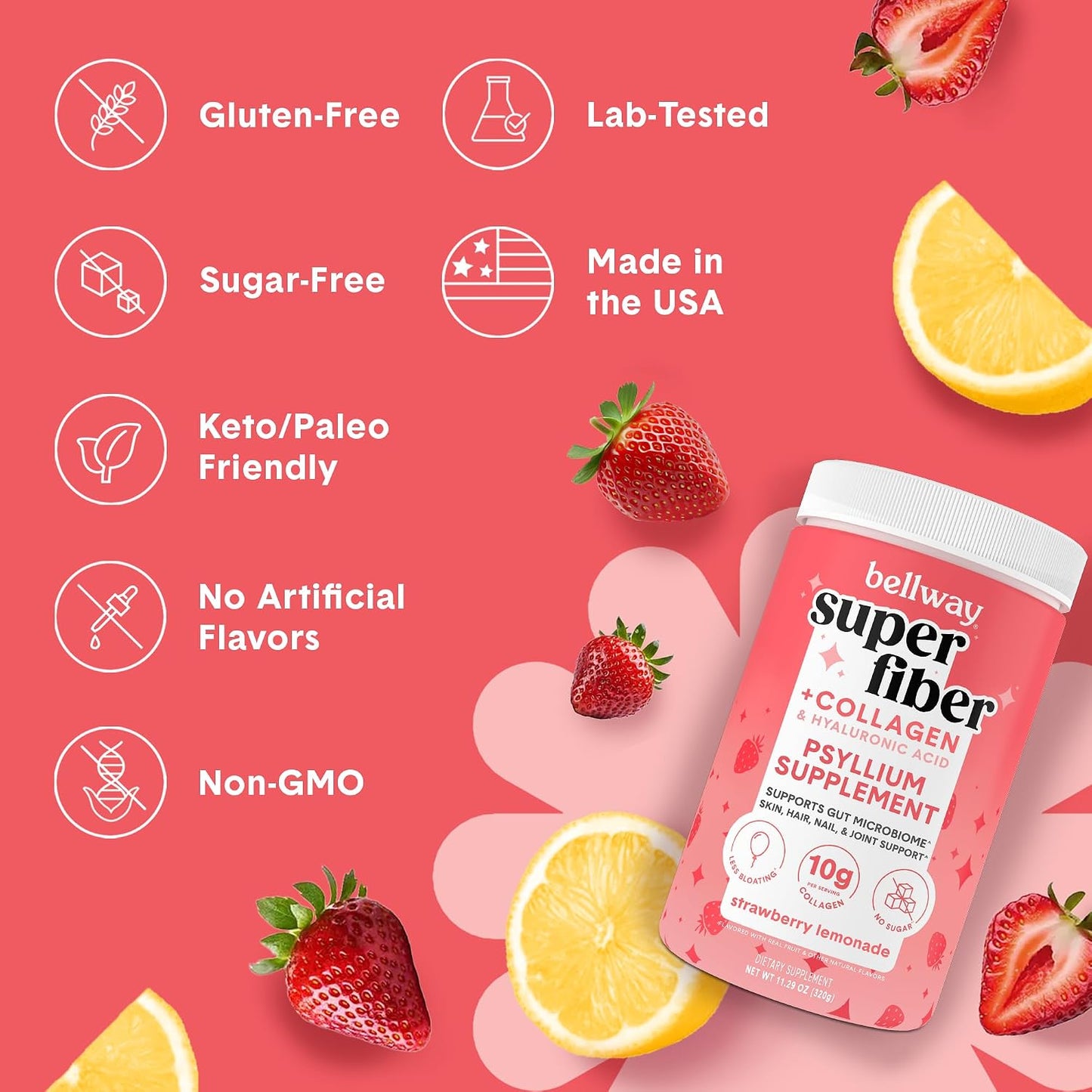 Bellway Super Fiber Powder + Collagen, Sugar-Free Psyllium Husk Powder with Collagen Peptides and Hyaluronic Acid for Gut Health, Healthy Skin, Nails, Bones & Joints, Strawberry Lemonade (20 Servings)