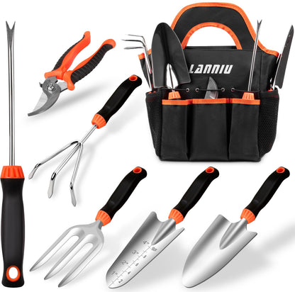 9 Piece Garden Tool Set | Heavy Duty Stainless Steel, Ergonomic Non-Slip Rubber Handles, Pruning Shears, Trowel, 600D Storage Tote Bag