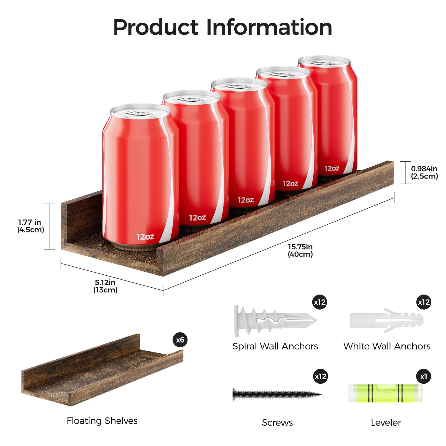 upsimples Floating Shelves for Wall, Wall Shelves for Decor Storage Set of 6, Wall Mounted Wood Shelf for Bedroom, Living Room, Bathroom, Kitchen, Picture Ledge Shelf, Black
