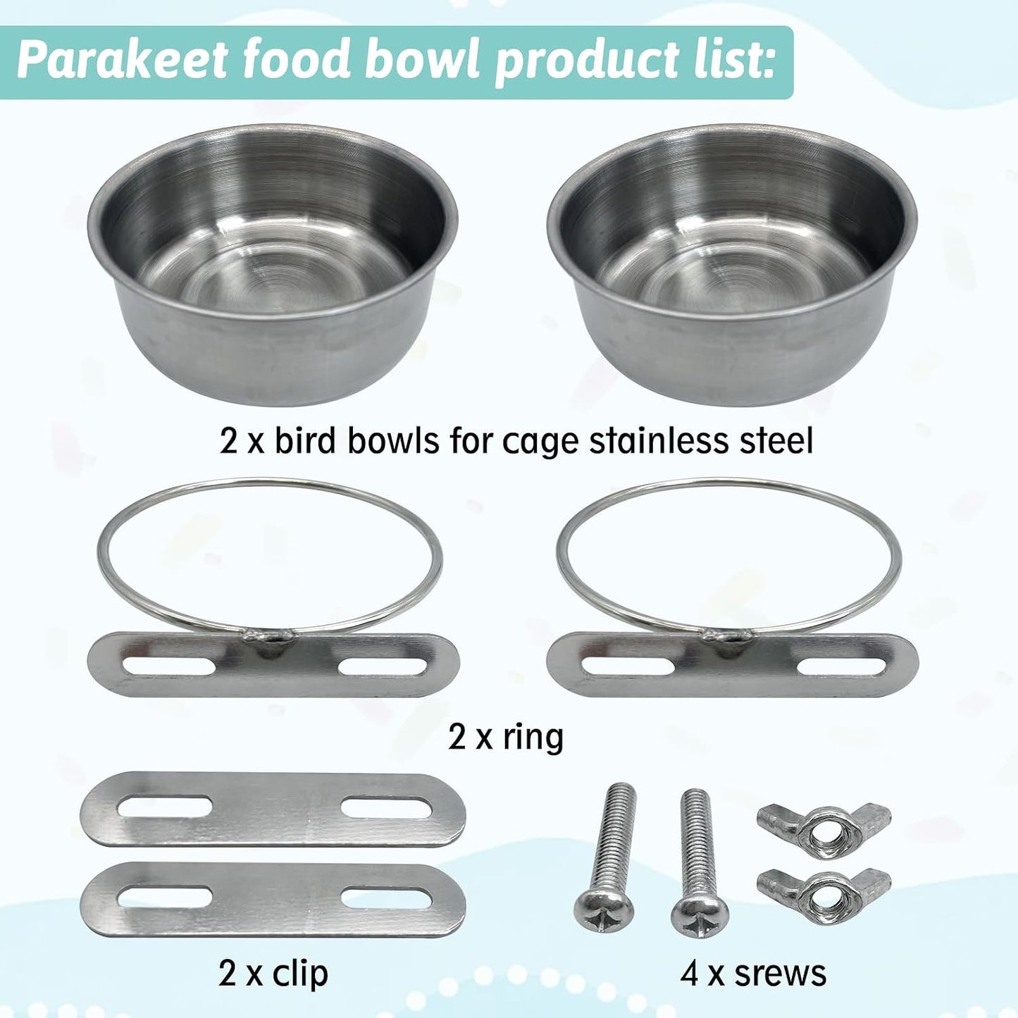 PINVNBY Parrot Feeding Cups Birds Food Dish Stainless Steel Parrot Feeders Water Cage Bowls with Clamp Holder for Cockatiel Conure Budgies Parakeet Parrot Macaw Small Animal Chinchilla Pack of 2
