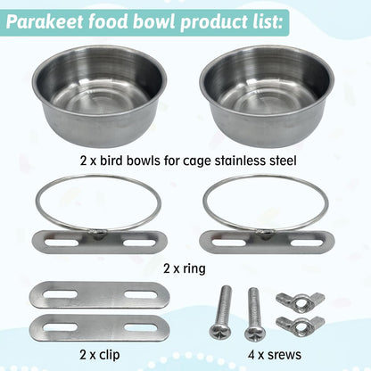 PINVNBY Parrot Feeding Cups Birds Food Dish Stainless Steel Parrot Feeders Water Cage Bowls with Clamp Holder for Cockatiel Conure Budgies Parakeet Parrot Macaw Small Animal Chinchilla Pack of 2