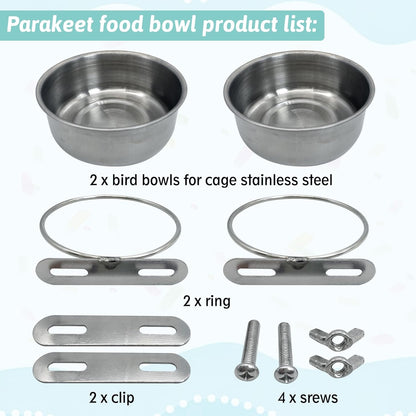 PINVNBY Parrot Feeding Cups Birds Food Dish Stainless Steel Parrot Feeders Water Cage Bowls with Clamp Holder for Cockatiel Conure Budgies Parakeet Parrot Macaw Small Animal Chinchilla Pack of 2