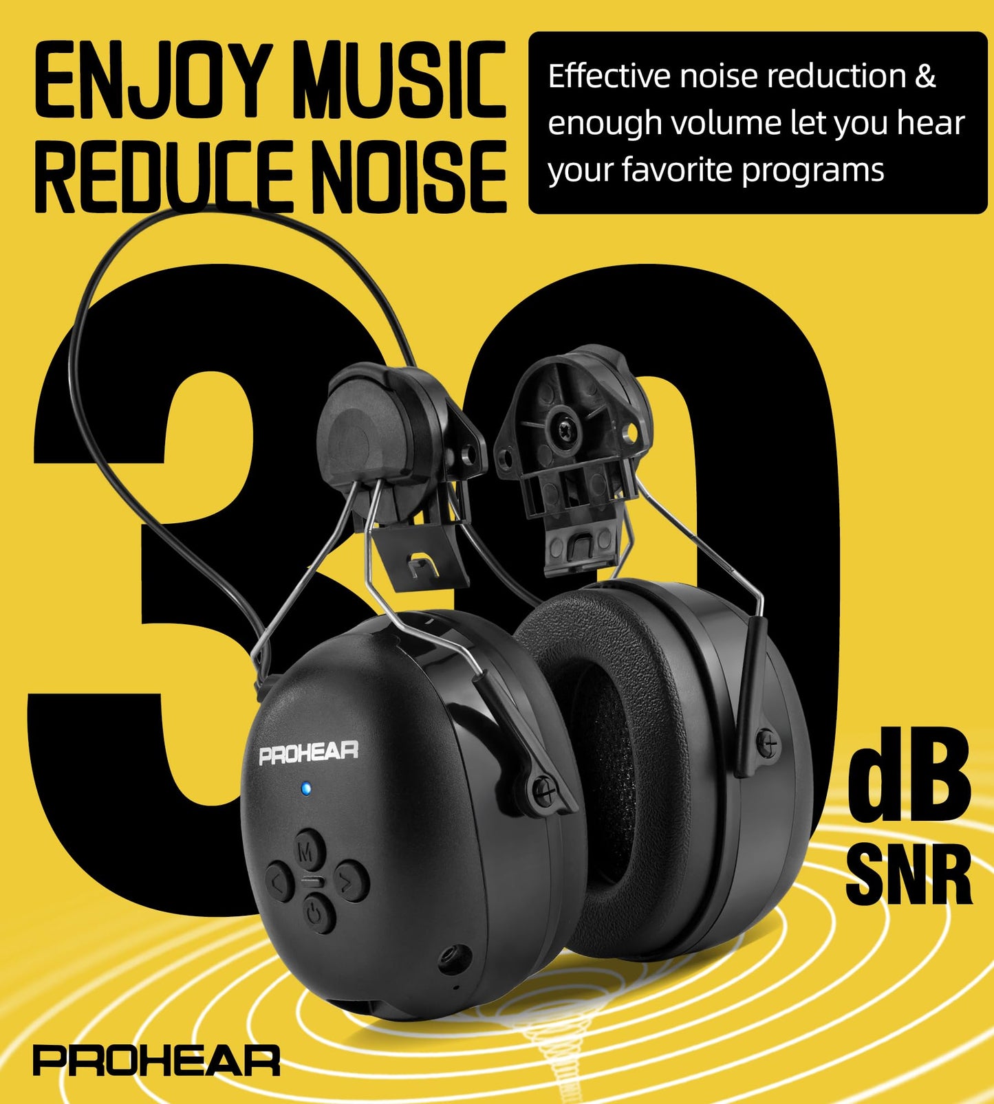 PROHEAR 037 Bluetooth 6.0 Hearing Protection Headphones with Rechargeable 1500mAh Battery, 30dB SNR Safety Noise Reduction Ear Muffs 120H Playtime for Mowing, Workshops, Snowblowing - Black