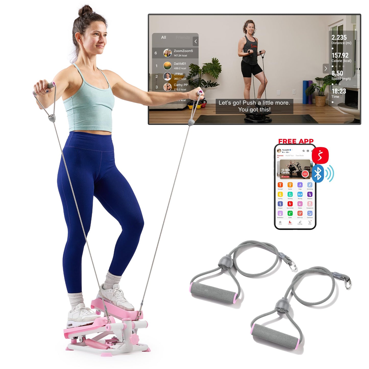 Sunny Health & Fitness Mini Steppers for Exercise at Home, Stair Step Workout Machine with Resistance Bands, Full Body Cardio Equipment, Optional Free SunnyFit App Connection Smart Stepper