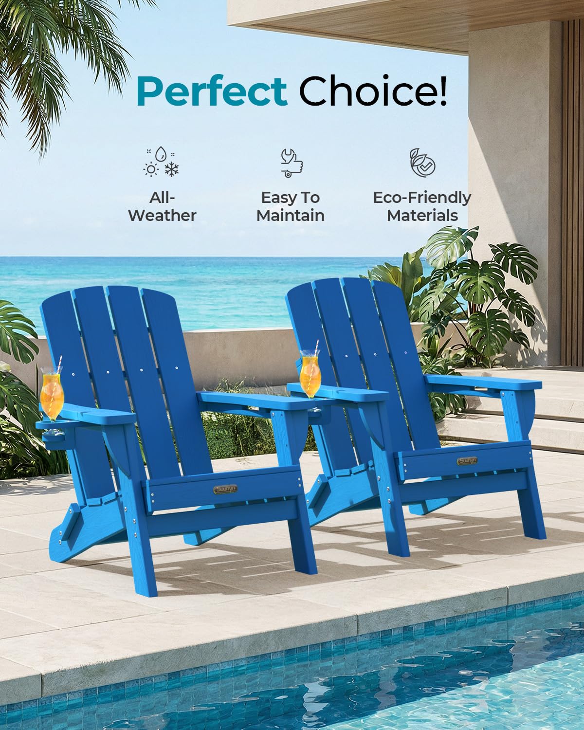 Folding Adirondack Chair, HDPE Adirondack Chairs with 2 Cup Holder, Plastic All-Weather Fire Pit Chairs, Outdoor Lawn Chair for Patio Garden (Grey)
