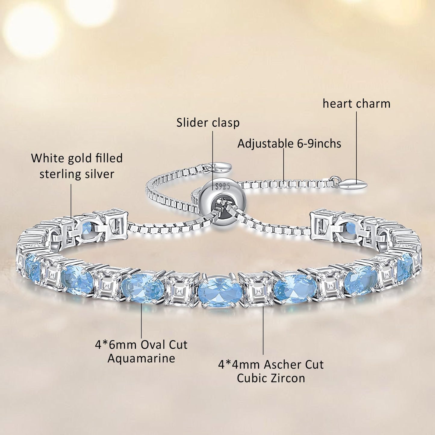 Sterling Silver Birthstone Bracelets for Women White Gold Tennis Bracelets Adjustable Chain 6-9 Inchs Jewelry Hypoallergenic Anniversary Birthday Gifts for Women Mom Wife Her
