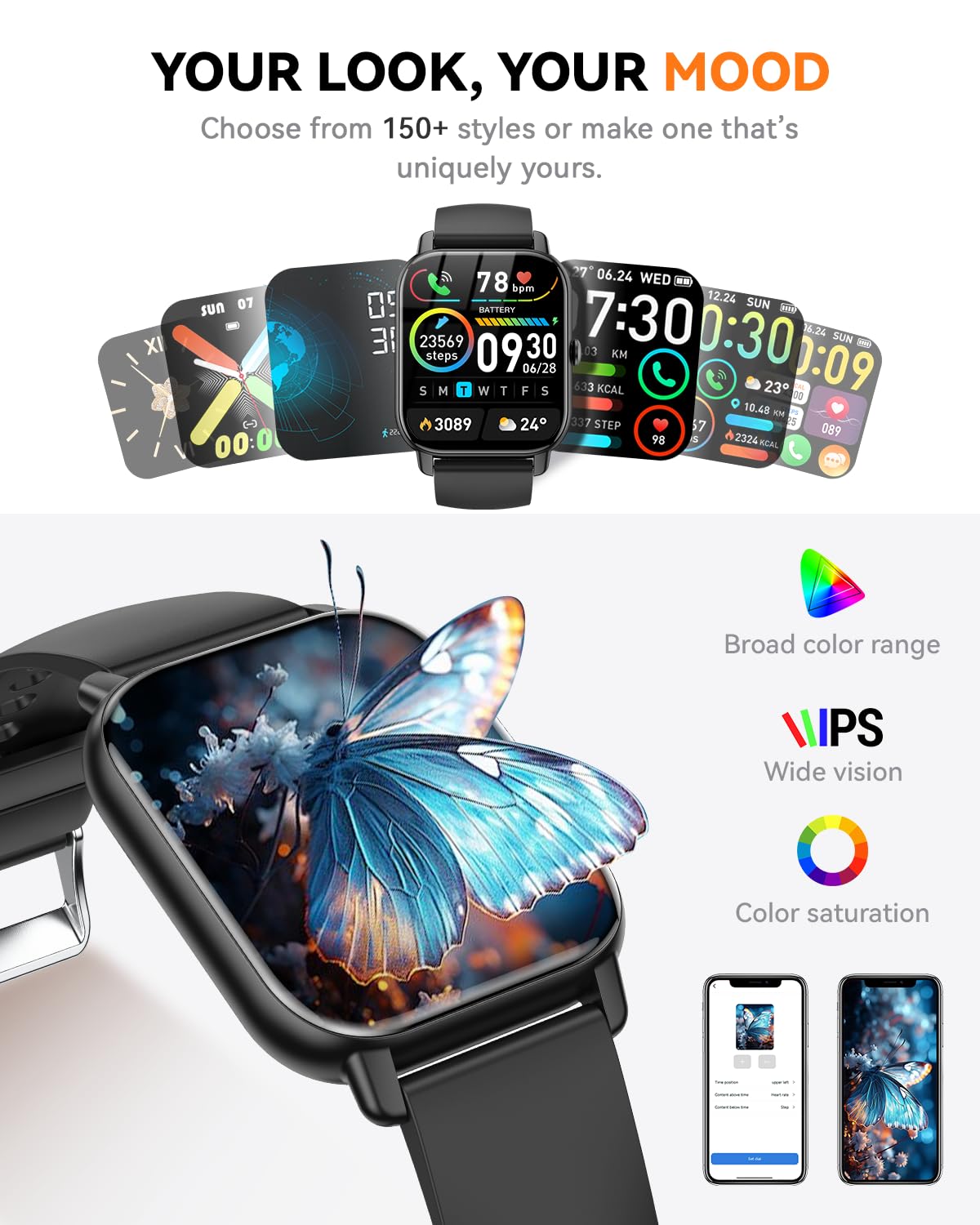 Smart Watches for Men Women, Fitness Tracker with Activity Counter/Sleep Monitor, IP68 Waterproof Smart Watch for Android iPhone iOS Compatible (Jet Black, 1.83)