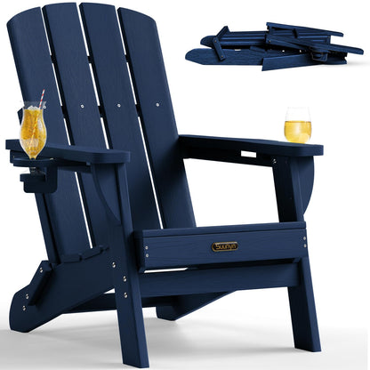 Folding Adirondack Chair, HDPE Adirondack Chairs with 2 Cup Holder, Plastic All-Weather Fire Pit Chairs, Outdoor Lawn Chair for Patio Garden (Grey)