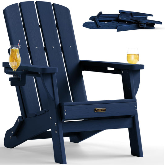 Folding Adirondack Chair, HDPE Adirondack Chairs with 2 Cup Holder, Plastic All-Weather Fire Pit Chairs, Outdoor Lawn Chair for Patio Garden (Grey)
