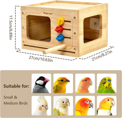 Solid Wood Parrot Hideaway, with Pull-Out Stainless Steel Grate | Glue-Free Retro TV-Shaped Bird House for Beak Play Cage Accessory for Small to Medium Parrots, Chew Toy & Resting House