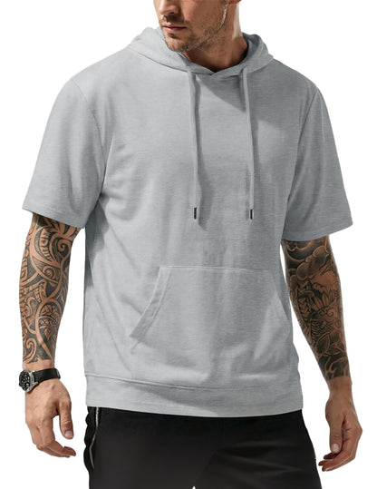 JMIERR Mens Short Sleeve Hoodie Cotton Hooded T-shirts Lightweight Solid Tops with Pocket