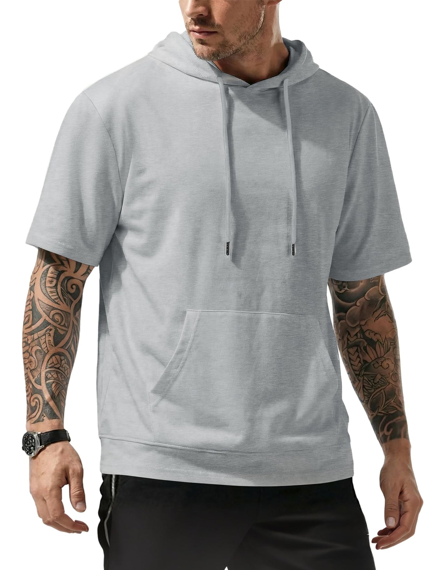 JMIERR Mens Short Sleeve Hoodie Cotton Hooded T-shirts Lightweight Solid Tops with Pocket
